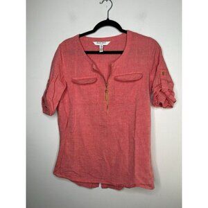 Ellen Tracy Light Orange 1/2 Zip Linen Blend Shirt Gold Hardware Size Small